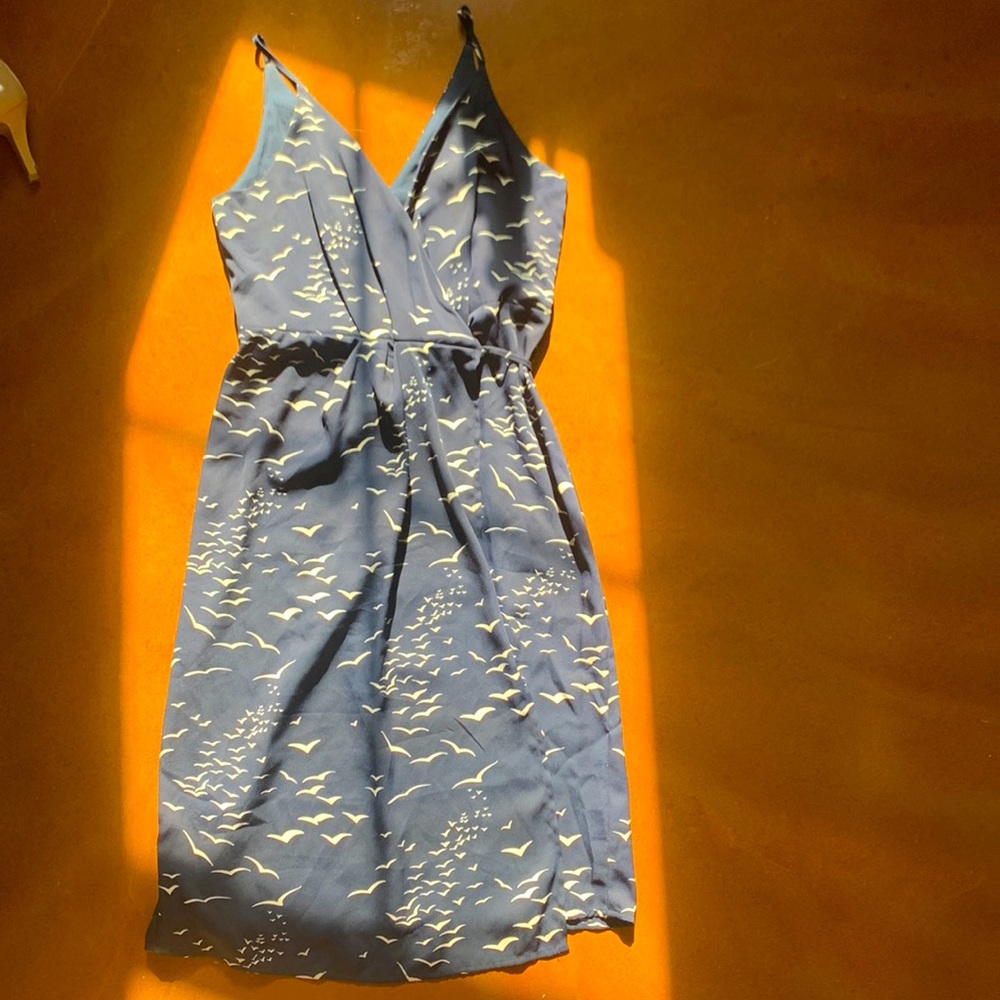 Bird print wrap blue dress